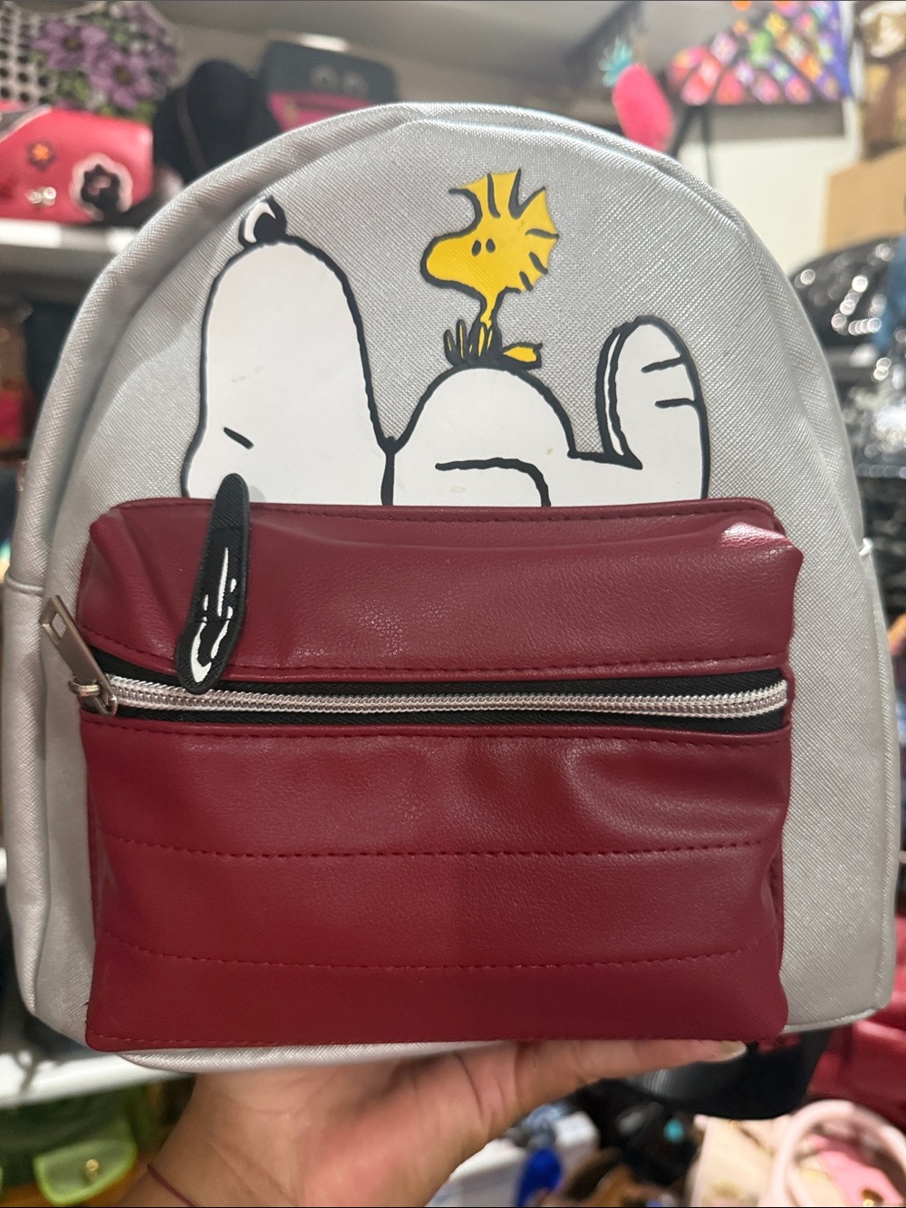 Silver Snoopy & Woodstock Mini Backpack with Burgundy Front Pocket